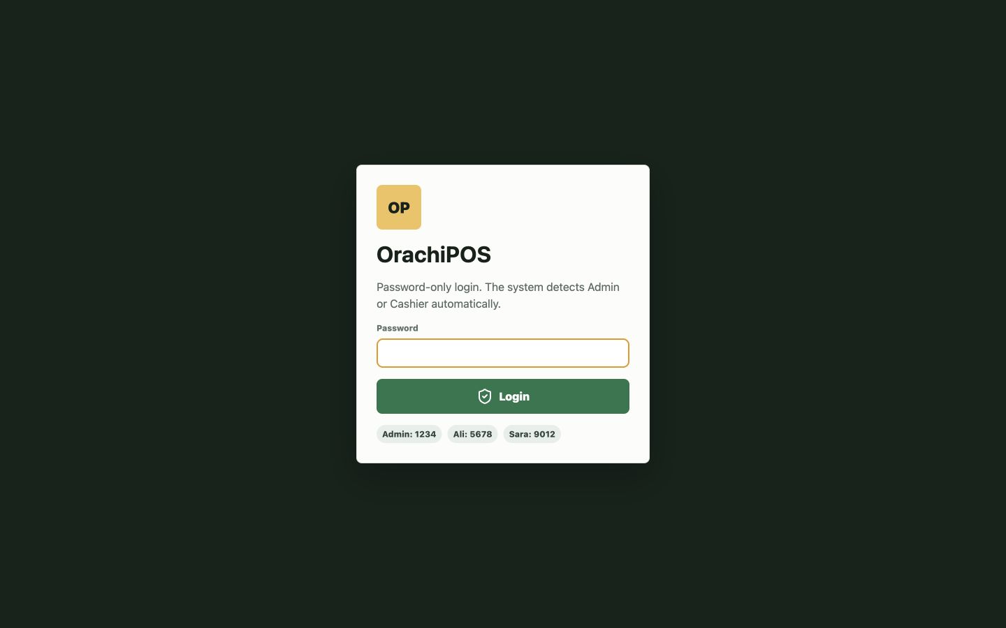 OrachiPOS login screen